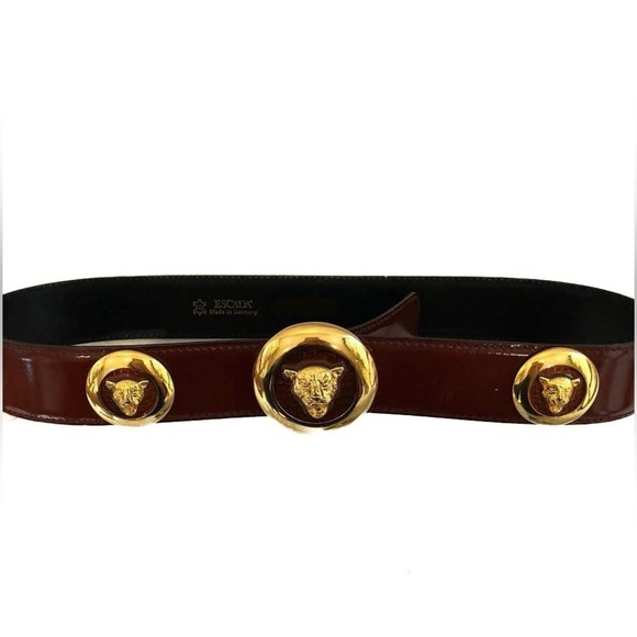 Vintage Escada Tiger Head Belt Brown Patent Leather Gold Medallion sz 38 main image 5